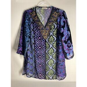 Soft Surroundings Vistosa Tunic Velvet Burnout Beaded Black Purple Size Small
